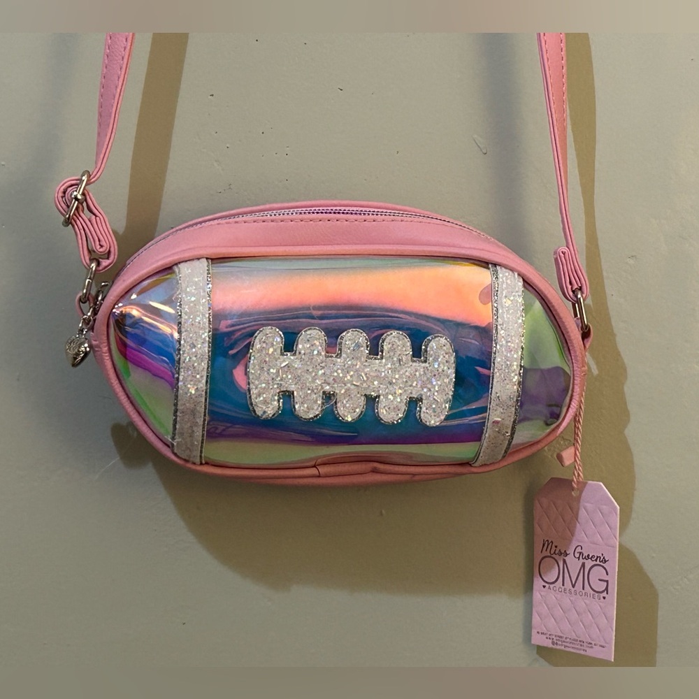 MISS GWENS OMG ACCESSORIES BUBBLE GUM PINK IRIDESCENT FOOTBALL CROSSBODY NWTS - Picture 3 of 10